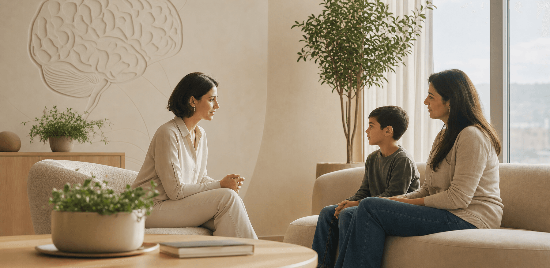 Warm pediatric consultation with a clinician, a child, and a parent in a calm welcome space.