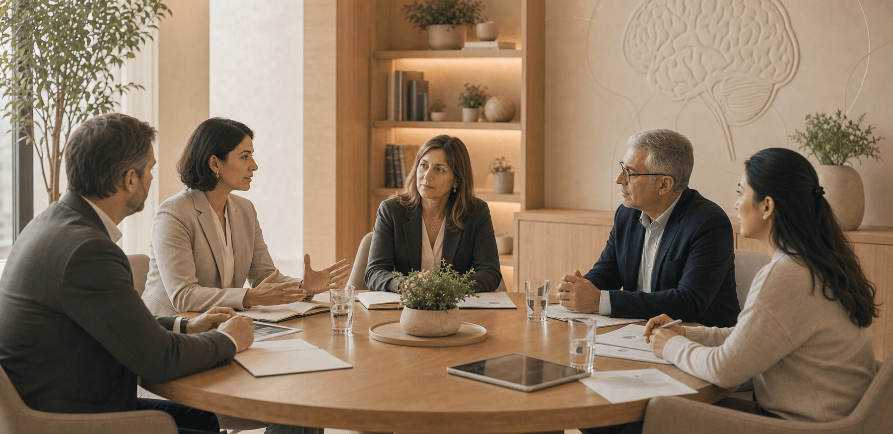 Medical and institutional partners in a calm roundtable discussion.