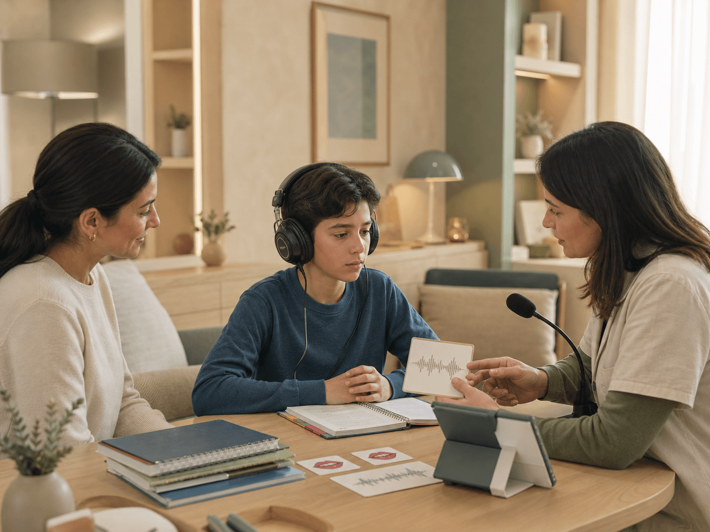 Older child working on listening and foreign-language support with a therapist and parent nearby.