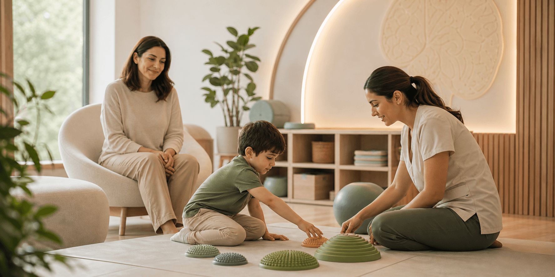Therapist guiding a child through a calm pediatric neurodevelopment session.