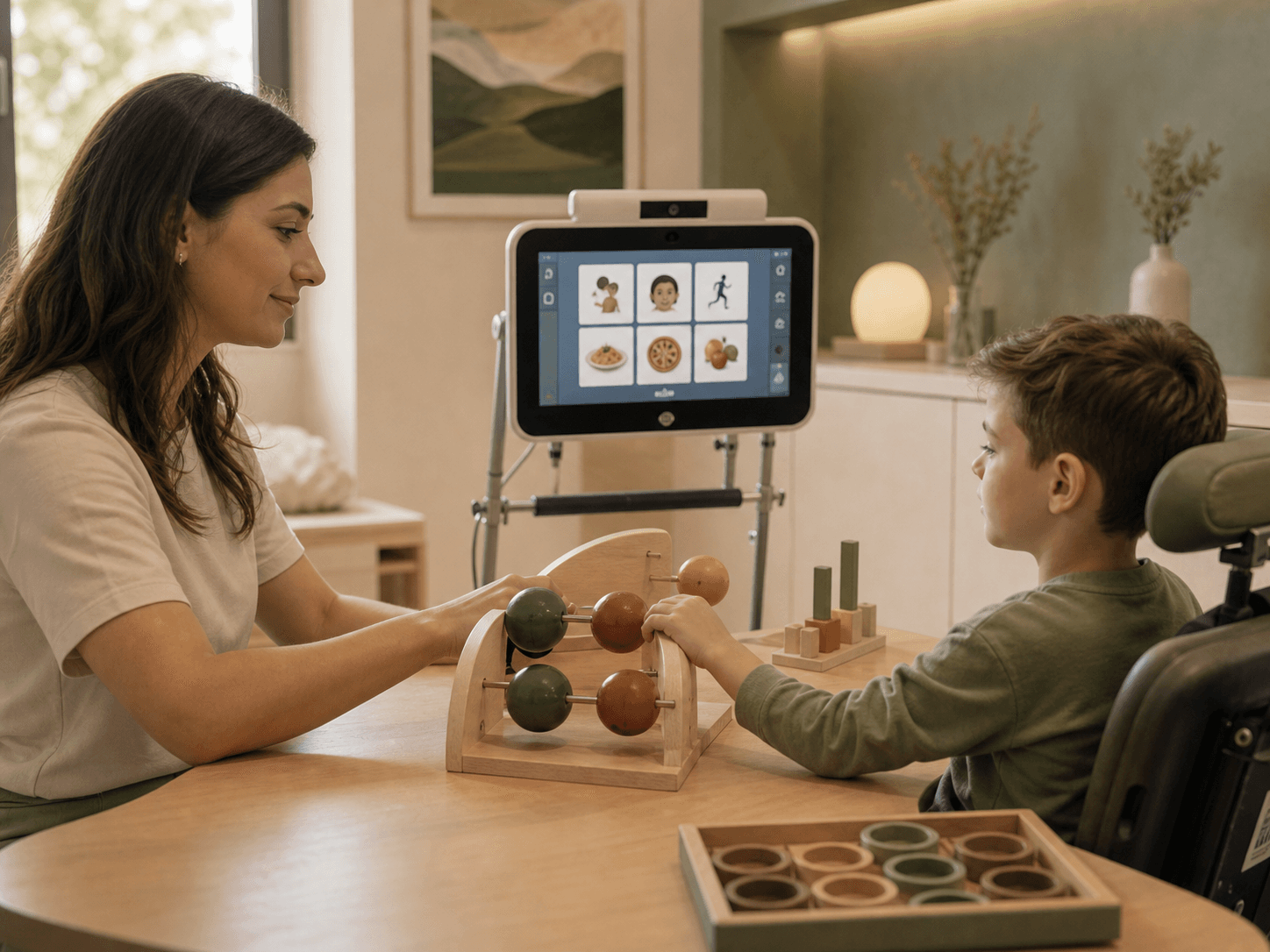 Visual-auditory coordination tools and communication support used with a child in therapy.