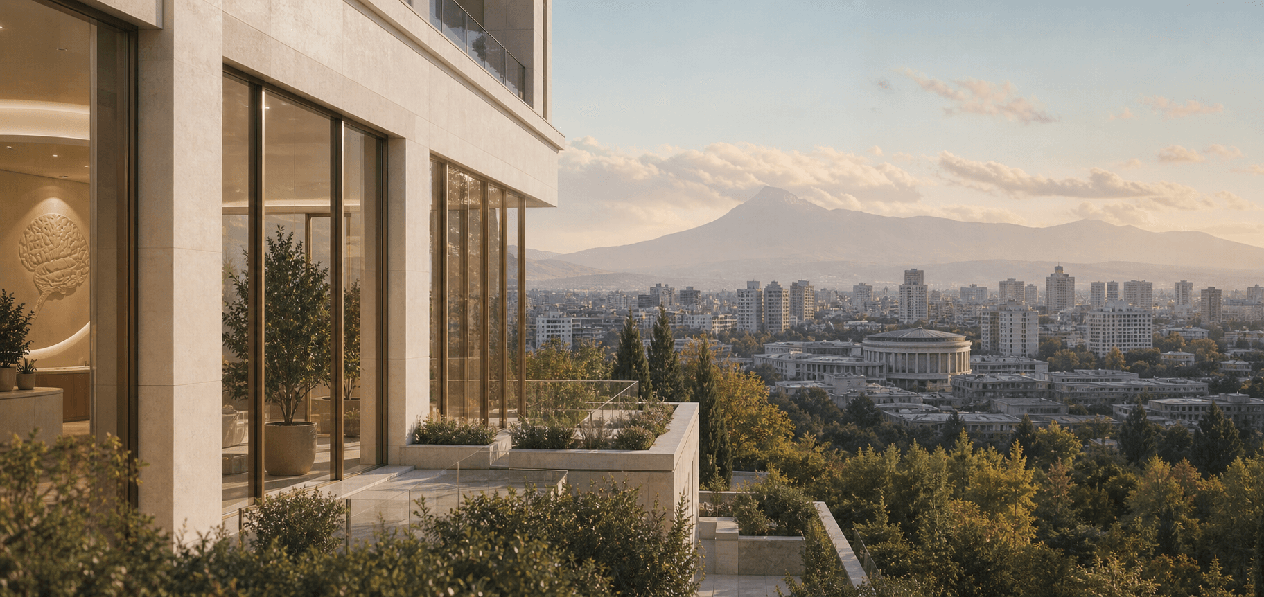 Contemporary healthcare campus in Yerevan under soft morning light.