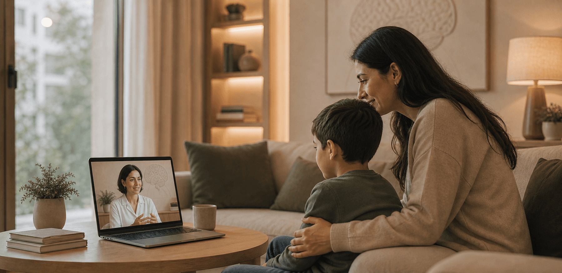 Parent using a digital follow-up platform at home beside a child.