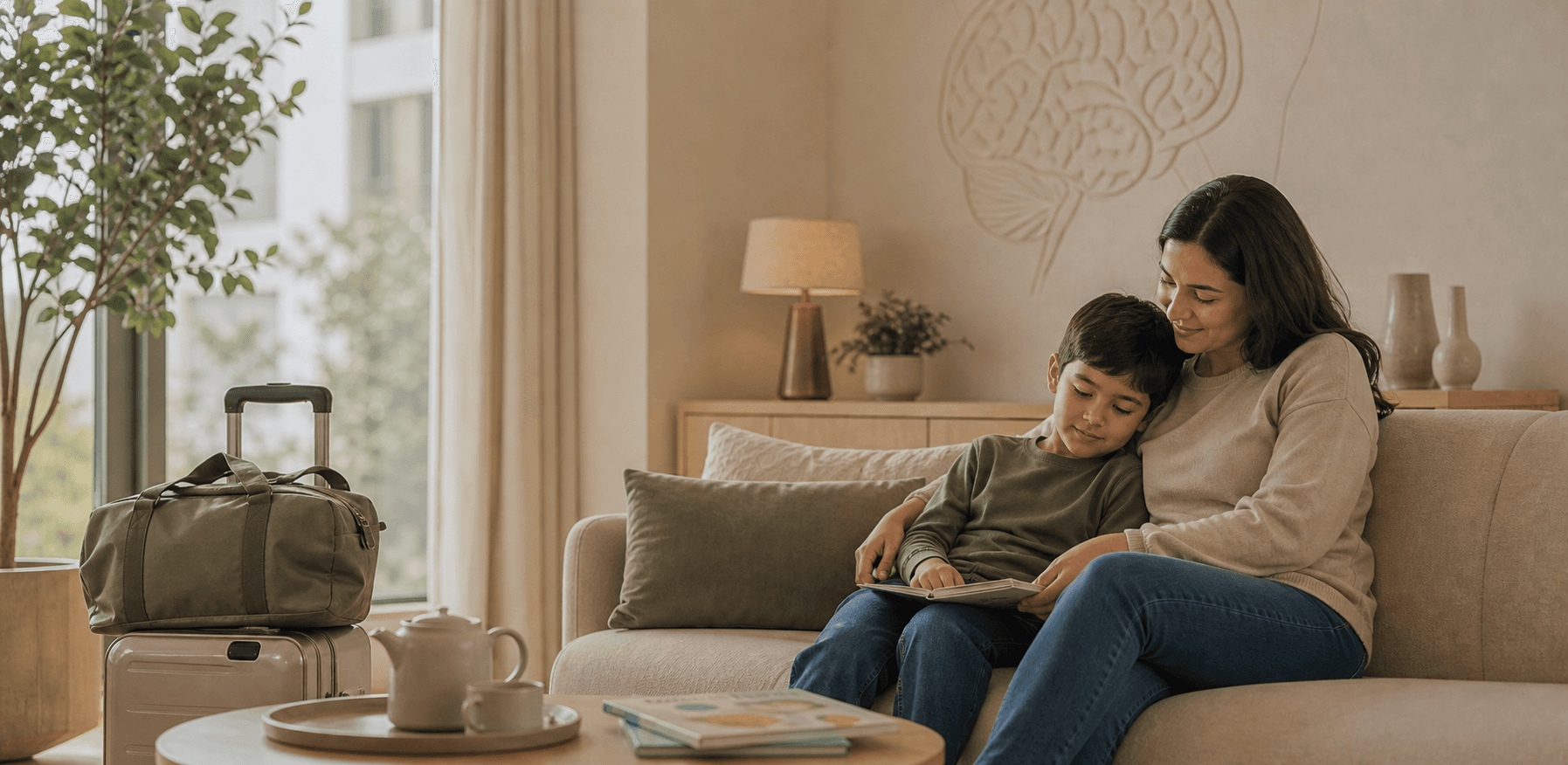 Parent and child resting together in a calm family-centered care lounge.