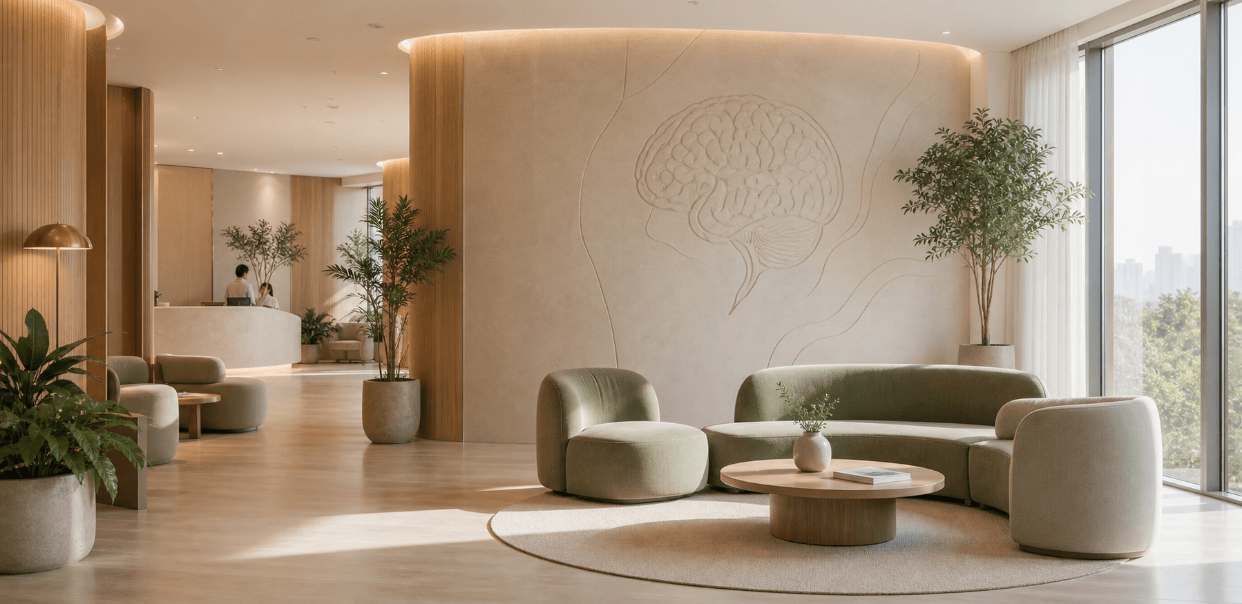 Premium pediatric neurorehabilitation institute interior with warm natural materials.