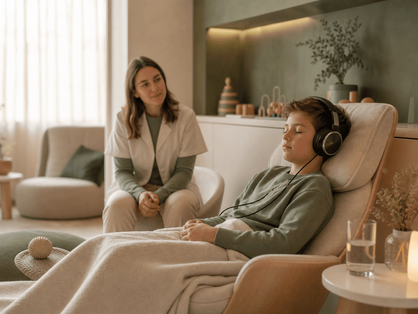 Child resting with therapeutic headphones during a calm integration pause between listening sessions.