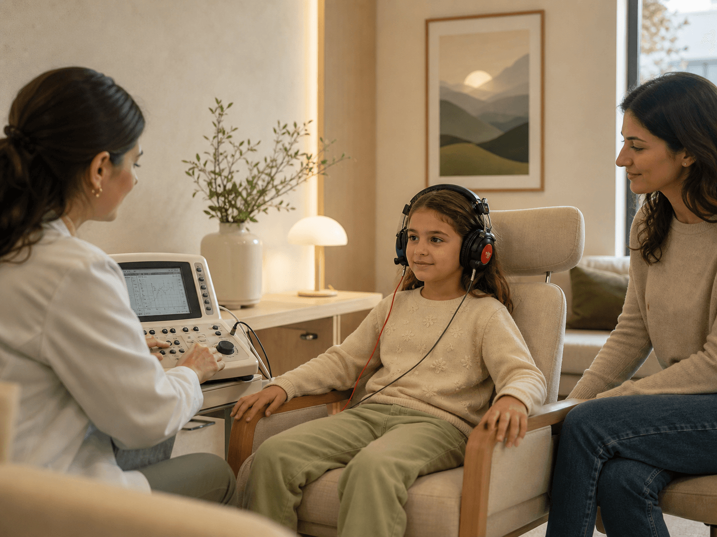 Psychological listening test with a child, clinician, and parent in a calm premium pediatric room.