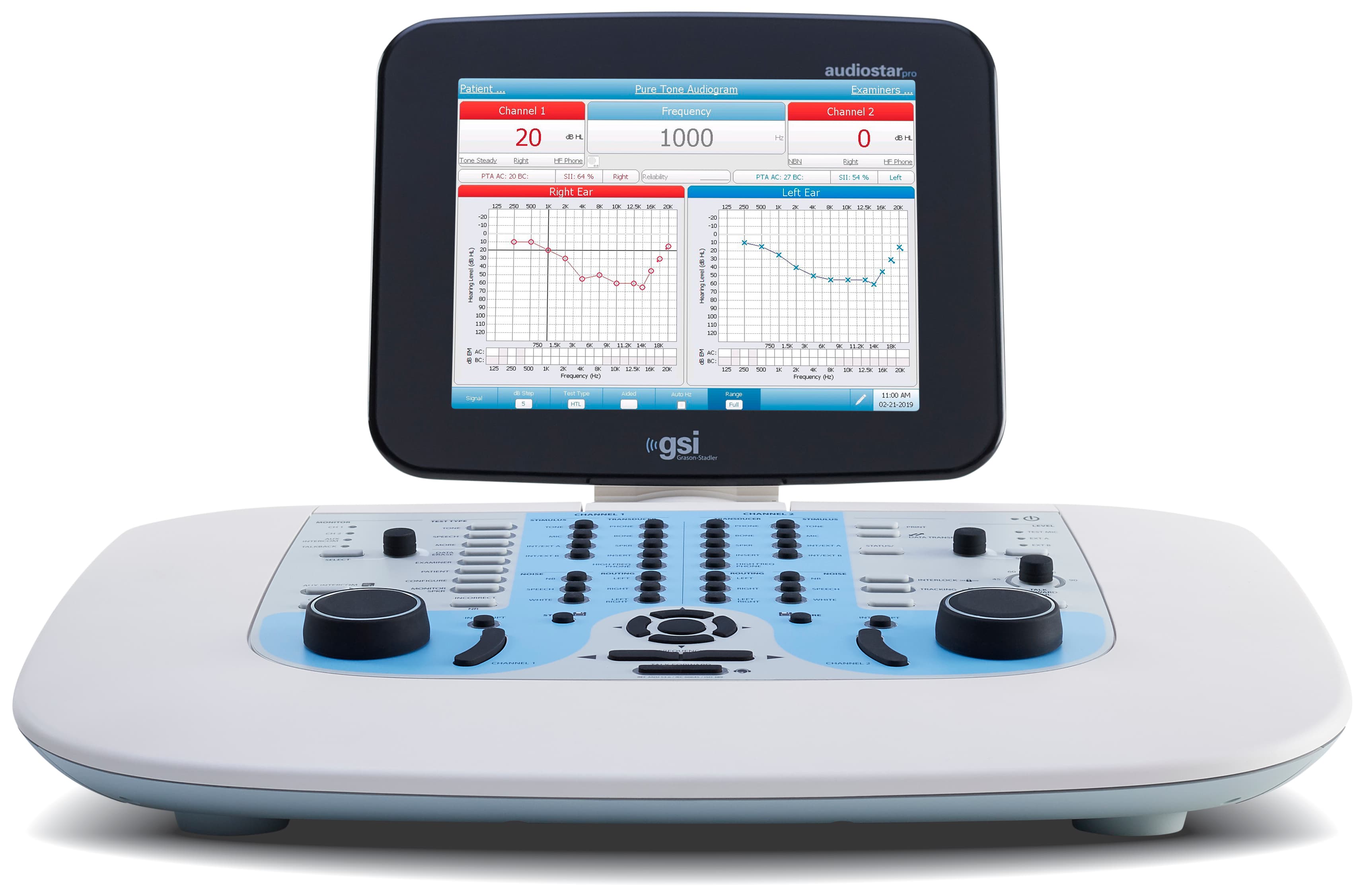 Clinical audiometer used for professional listening assessment in an audiology setting.